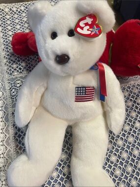 Ty White Patriotic Bear with Embroidered American Flag and Ribbon
